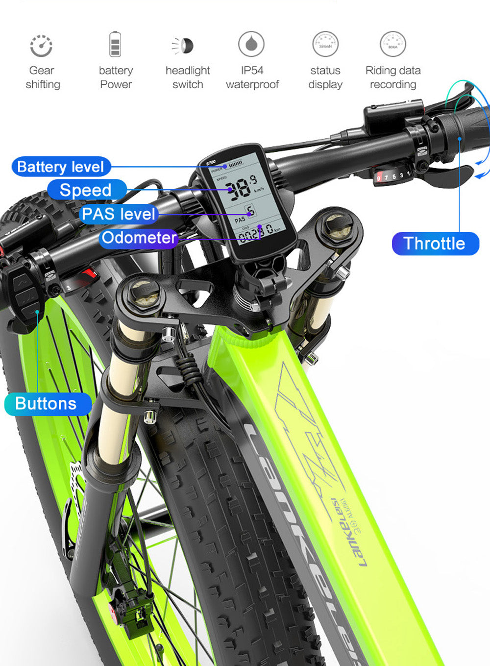 Lankeleisi XT750Plus 1000W Powerful Electric Fat Tire Bike, 5 Level Pedal Assist, 48V 14.5A/17.5A Stor Kapacitet Litium Batteri, anta Dubbel axel suspension nedförsbacke gaffel