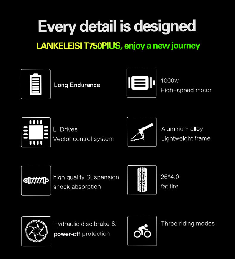 Lankeleisi XT750Plus 1000W Powerful Electric Fat Tire Bike, 5 Level Pedal Assist, 48V 14.5A/17.5A Stor Kapacitet Litium Batteri, anta Dubbel axel suspension nedförsbacke gaffel