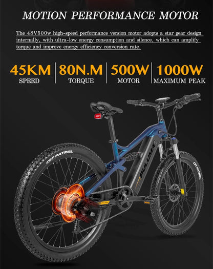 Professional Off-road 27.5 Inches Electric Mountain Bike , UP to 45km/h , 48V 20Ah Large Lithium Battery , Both Hydraulic Disc Brakes , Aluminum Alloy Frame ,  27.5 "×2.8" CST  Tires , with Pedal Assist System