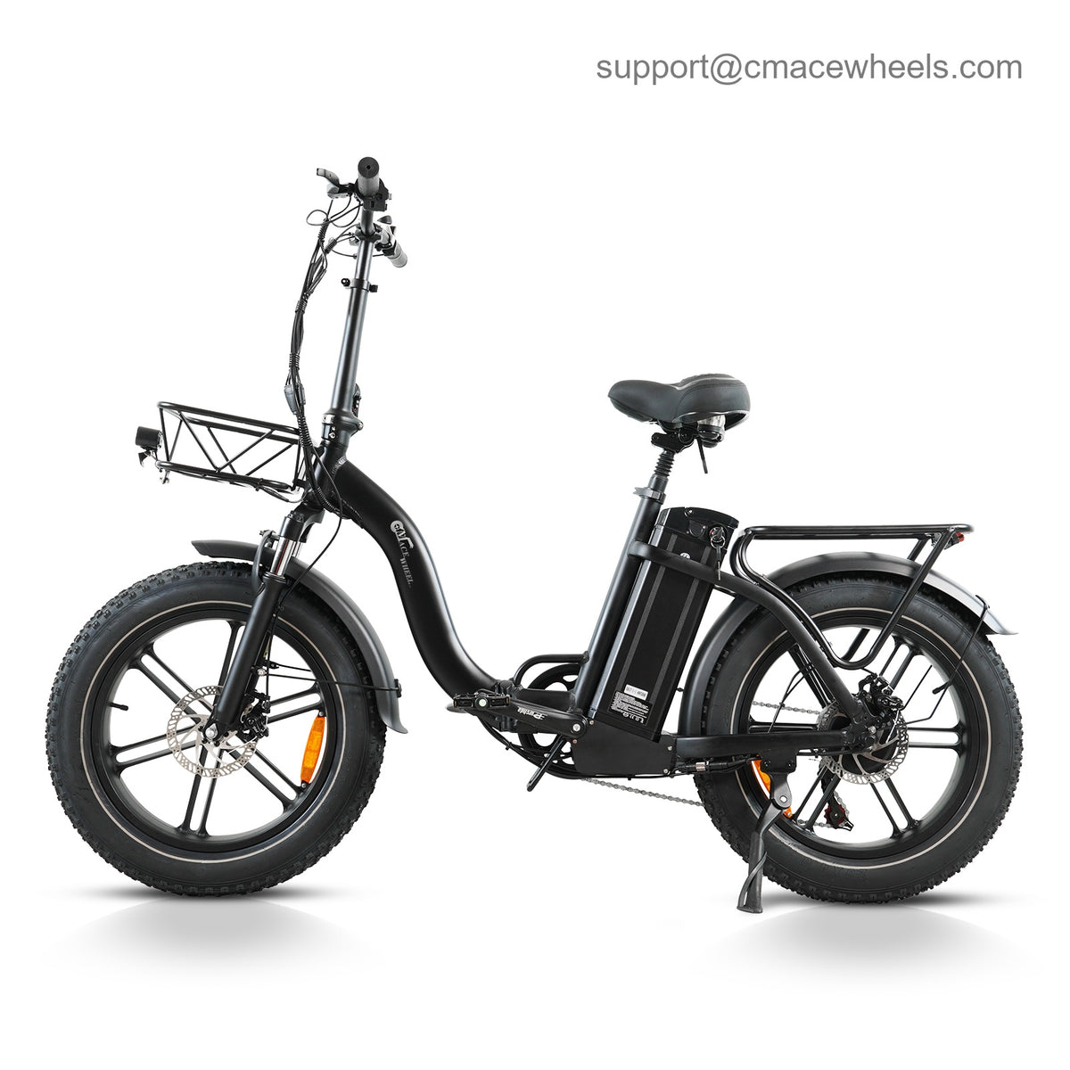 CMACEWHEEL Y20 PRO folding electric bike side view with front basket and rear cargo rack
