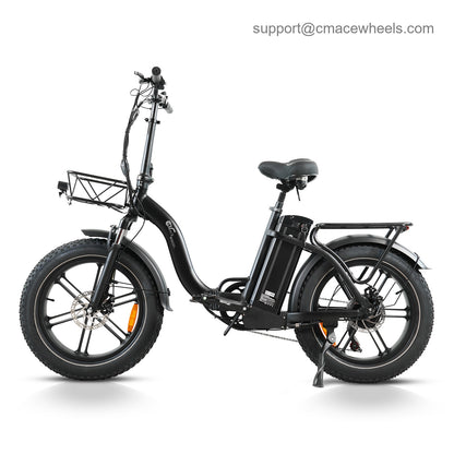CMACEWHEEL Y20 PRO folding electric bike side view with front basket and rear cargo rack
