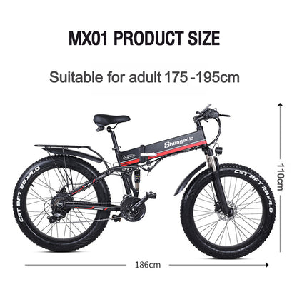 MX01 Bicicletă electrică pliabilă de 26 inchi, motor puternic de 48 V 1000 W, bicicletă de munte Fat Bike, bicicletă de zăpadă cu asistare la pedală cu 5 niveluri