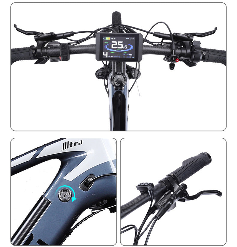 27.5 Inch Electric Carbon Fiber Bike, adpopt 350W / 500W Motor, Air Shock Absorber Front Fork, 27 Speed Mountain Bicycle