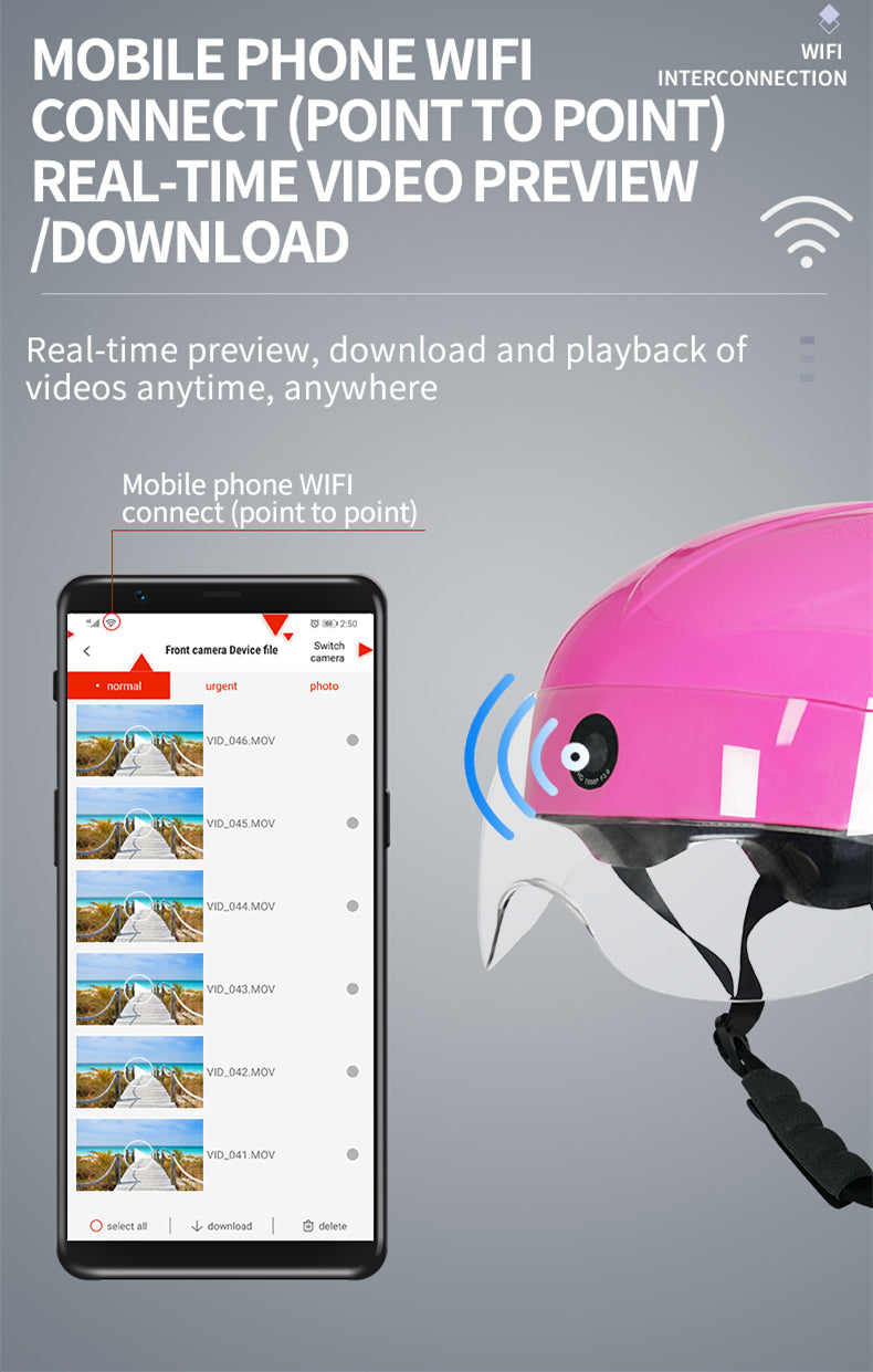 AI Smart Helmet with Front & Rear HD Built-in Camera, Bluetooth Calling and WIFI, Support Phone APP Live Check (ang.). Save and Share (ang.)
