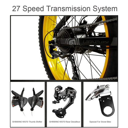 Lankeleisi T750plus 1000W Sistem de alimentare cu asistare a pedalei de 5 grade Bicicletă electrică cu anvelope grase, roată anvelopă de zăpadă 26*4,0, ambele frână cu disc, baterie detașabilă de mare capacitate încorporată, 27 viteze